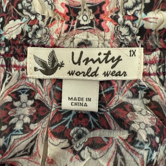 Unity World Wear Boho Top 1X Floral Print Short sleeveRuffled Neckline Tie front - Picture 3 of 7